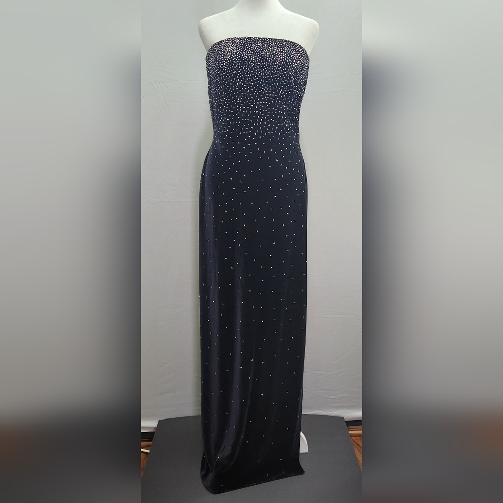 VTG Reggion Black Velvet  Strapless  Sheath Gown Rhinestone Goth Farry Grunge. - Picture 2 of 12